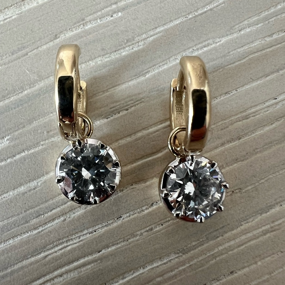 14k Yellow Gold Diamond Drop Hoops - Picture 2 of 6